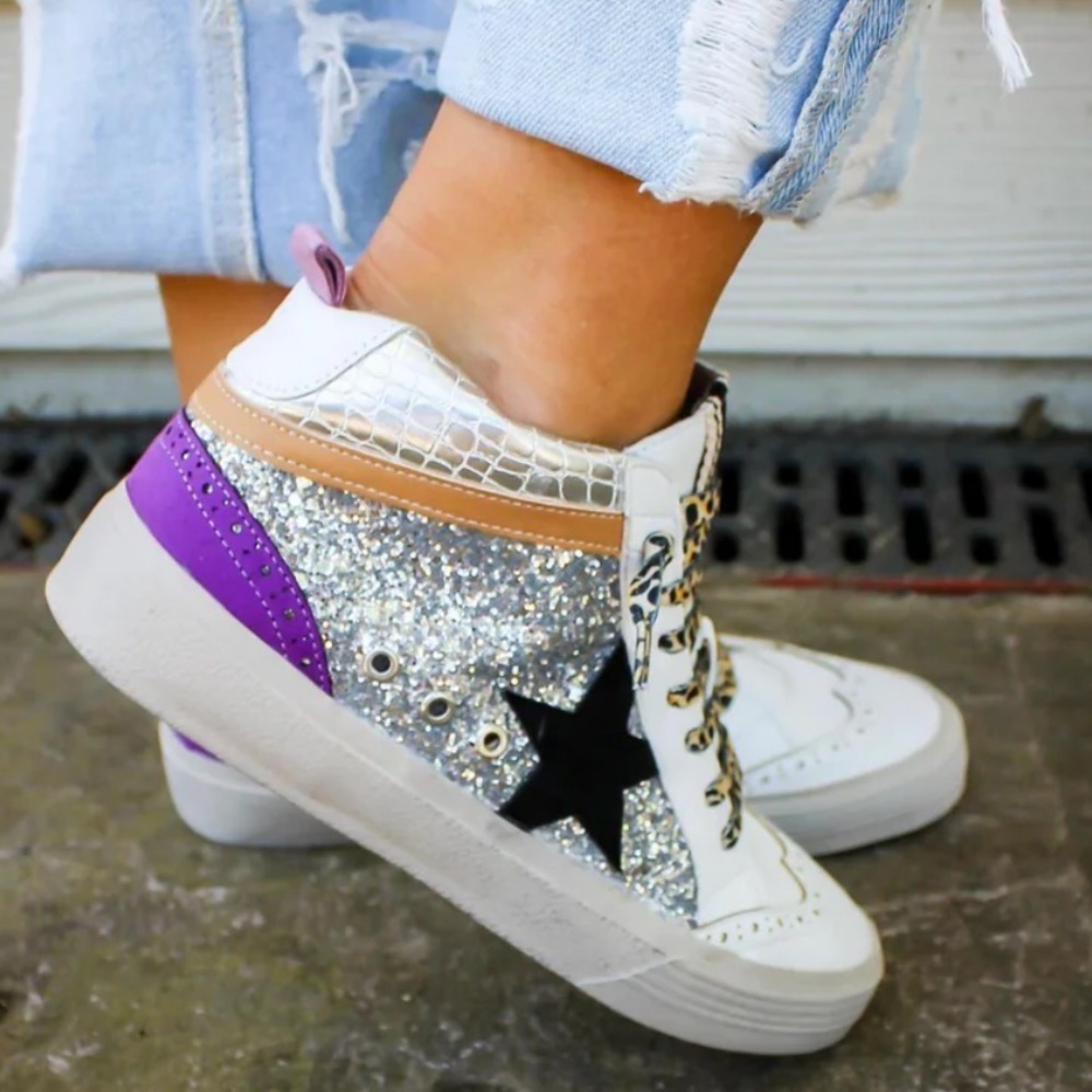 ShuShop White Silver Purple Glitter Star Sneakers